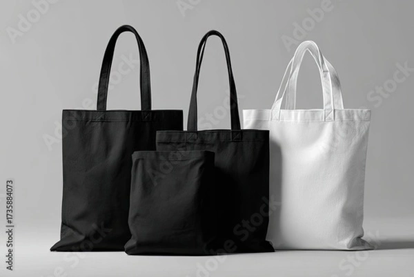 Fototapeta Three canvas tote bags, black and white, various sizes, on a plain background