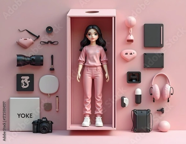 Fototapeta Action figure from photo, realistically depicted,camera accessories, Macbook Pro, camera, drawing tablet and headset. Above and below the box written text "ALL PINK" & "everything has its own time