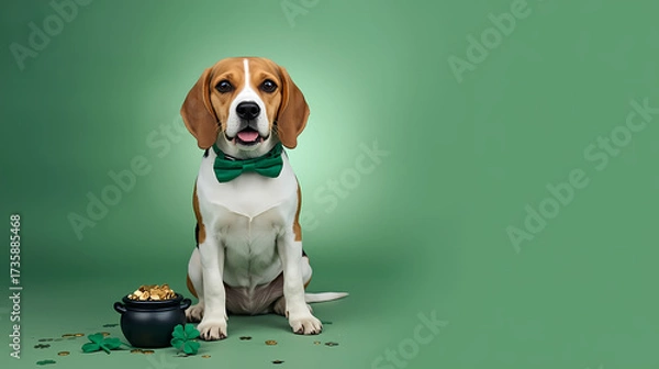 Fototapeta Beagle dog celebrating St. Patrick's Day with a pot of gold.