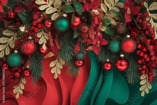 Obraz Festive Holiday Garland with Ornaments and Berries Displayed on a Decorative Red and Green Backdrop