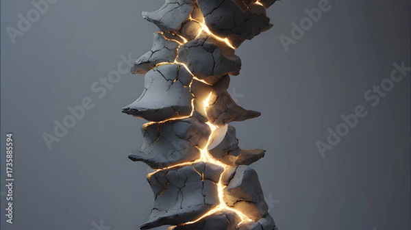 Fototapeta A sculptural representation of a human spine made of cracked stone with five points of intense pressure glowing warmly.