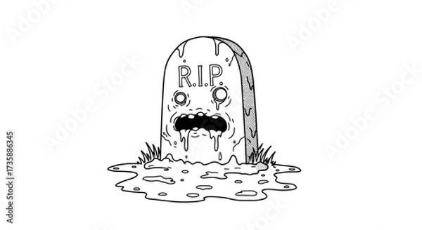 Fototapeta Cartoon gravestone with facial expression and eerie features in mud  