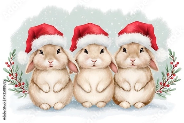 Obraz Three adorable bunnies wearing Santa hats create a heartwarming Christmas scene full of holiday cheer and festive charm, perfect for the winter season.