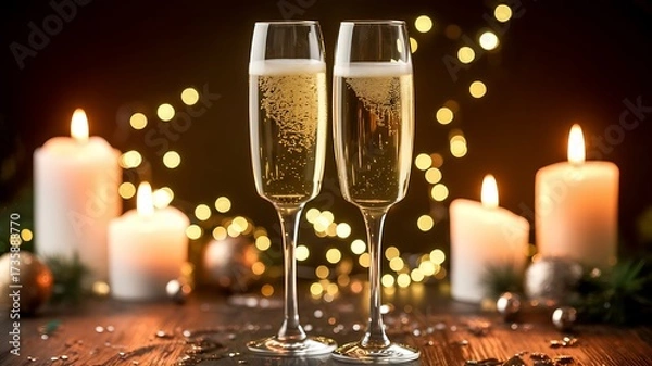 Obraz Sparkling Celebration: Two Champagne Flutes Glistening Amidst Soft Candlelight and Festive Ornaments