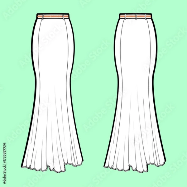 Fototapeta Mermaid, Fish Tail Skirt Technical Drawing Flat Sketch (Front & Back)