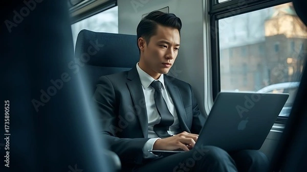Fototapeta Young professional working on laptop while traveling to the office, representing business on the go, productivity, and modern work lifestyle