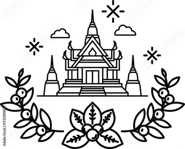 Fototapeta A drawing of a building with a wreath around it