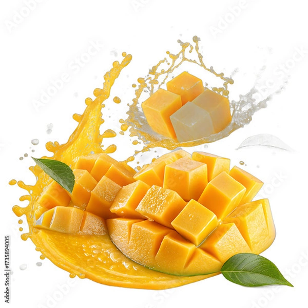 Fototapeta Floating mango slices with golden juice splash transparent background – tropical fruit photo manipulation