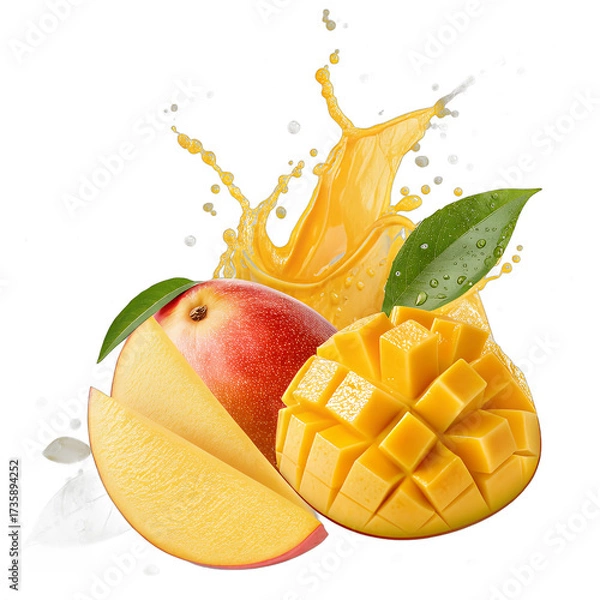 Fototapeta Floating mango slices with golden juice splash transparent background – tropical fruit photo manipulation
