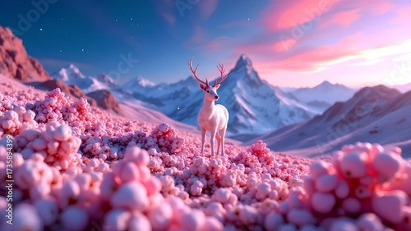 Fototapeta A majestic white deer stands in a surreal field of pink flowers before a snowy mountain range. A beautiful, magical fantasy landscape at twilight
