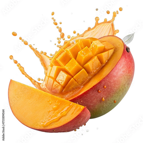 Fototapeta Floating mango slices with golden juice splash transparent background – tropical fruit photo manipulation