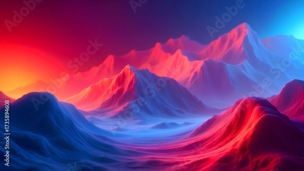 Fototapeta A surreal, snowy mountain landscape is illuminated by a vibrant red and blue light, creating a beautiful and dramatic fantasy scene.