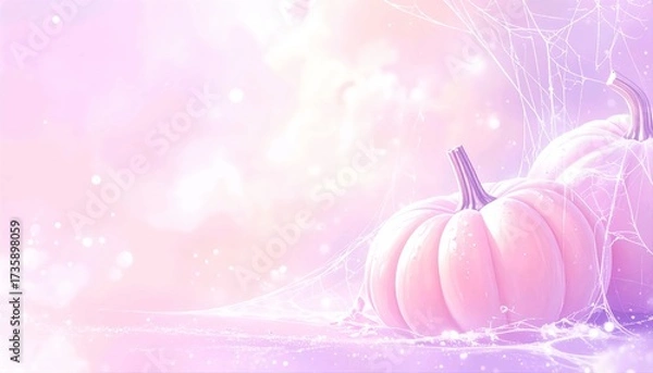 Obraz Halloween pastel pink wallpaper with glowing pumpkins cobwebs and sparkling gradient