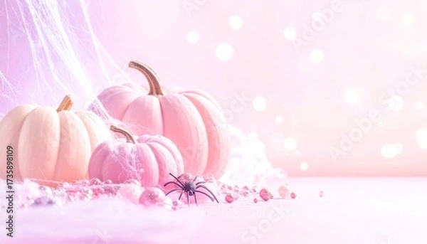 Obraz Halloween pastel pink wallpaper with glowing pumpkins cobwebs and sparkling gradient