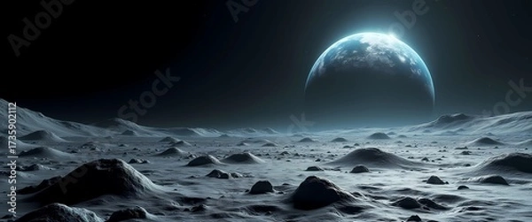 Fototapeta Stunning alien lunar landscape with Earthrise horizon under starlit sky, designed as an epic spaceship background 4k cosmic science fiction wallpaper