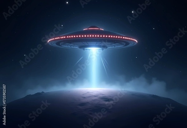 Fototapeta UFO hovering with glowing beam over alien planet at night sky, mysterious spaceship background 4k wallpaper art