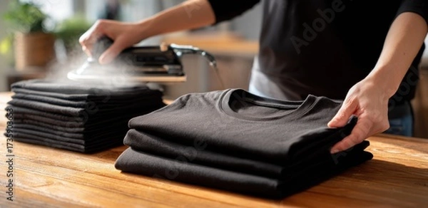 Fototapeta Woman ironing and folding a stack of black t-shirts on a wooden table, steam rising from the iron.