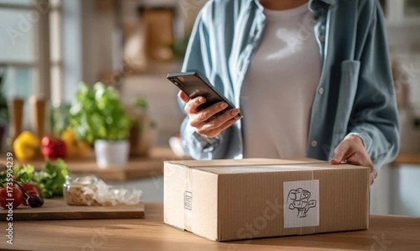 Fototapeta Woman scanning QR code on a delivery box with her smartphone in a modern kitchen.