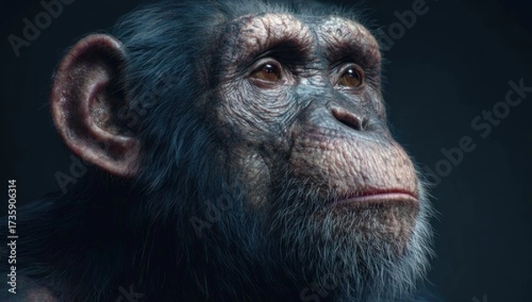 Fototapeta Contemplative Chimpanzee Portrait with Expressive Eyes on Dark Background.