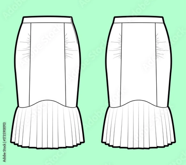 Fototapeta Elegant Mermaid Skirt with Gathered Waist & Pleated Flounce Hem - Technical Flat Sketch