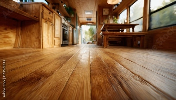 Fototapeta Wooden floor inside a bus with natural light and interior design.