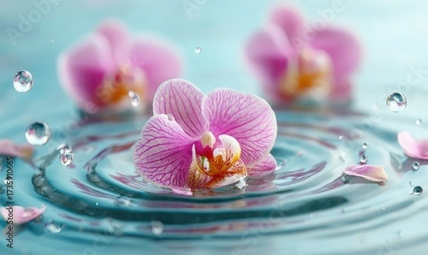 Fototapeta Delicate pink orchids on rippling water, with water droplets and petals