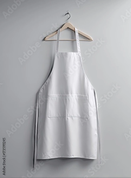 Fototapeta A plain white apron hangs from a wooden hanger against a light gray wall
