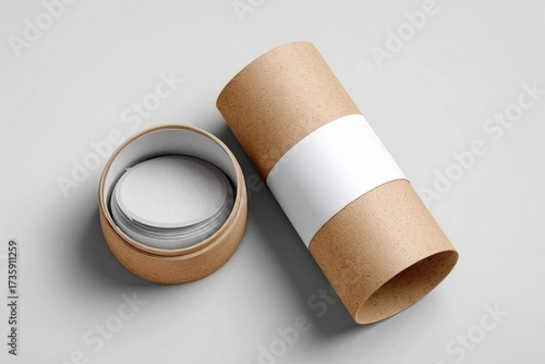 Fototapeta Two light brown cardboard tubes, one open, containing white circular objects