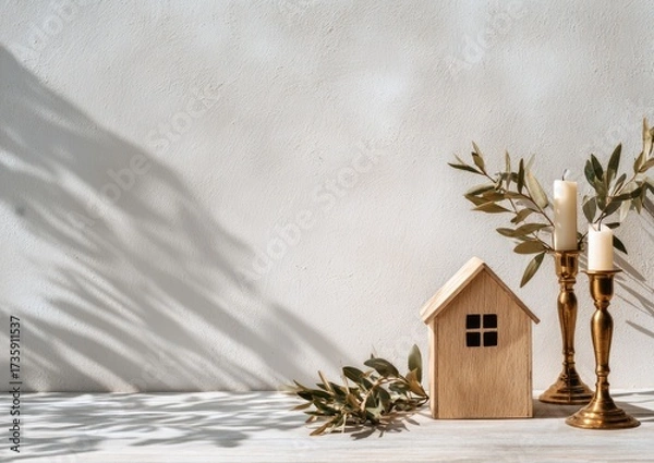 Fototapeta Wooden house model, candles, and olive branches on a light surface, with shadows