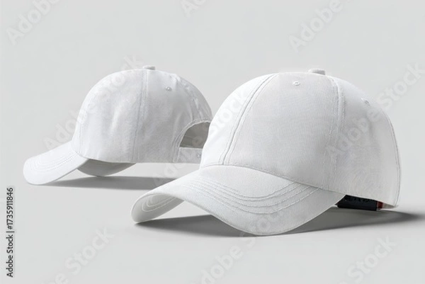 Fototapeta Two blank white baseball caps, one slightly angled, presented on a plain light gray background
