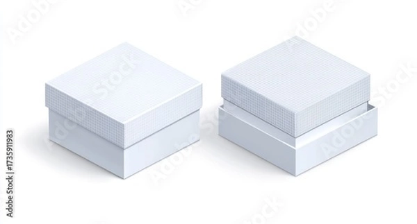 Fototapeta Two blank, square, white gift boxes in an isometric view. One box is closed, the other has an open lid