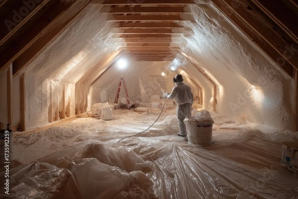 Fototapeta Worker applying spray foam insulation in an attic for energy efficiency.