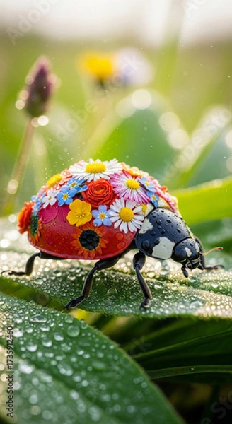 Fototapeta A ladybug decorated with colorful floral patterns on its back, perched on a leaf wet with dew