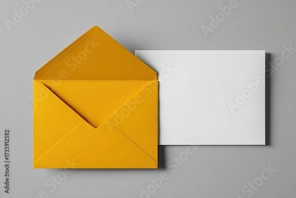 Fototapeta Open mustard-yellow envelope and blank white card on gray background