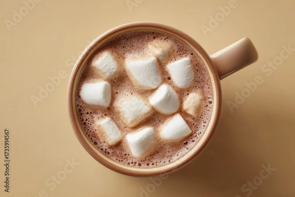Fototapeta Cozy Hot Chocolate with Marshmallows in a Mug Overhead View.