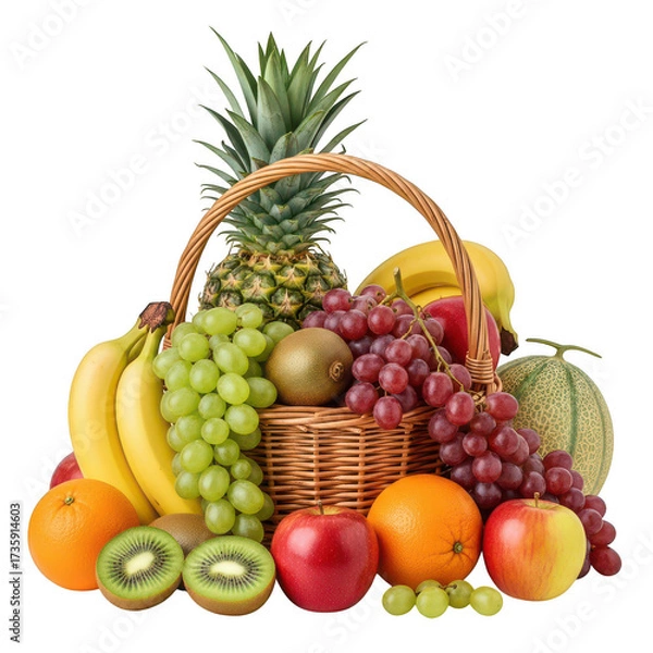 Fototapeta Abundant fresh fruit basket overflowing with tropical and orchard favorites isolated on transparent background