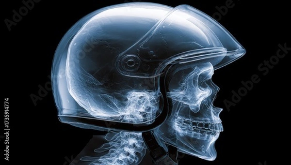 Fototapeta X-ray of a human skull wearing a motorcycle helmet, showcasing skeletal structure and protective gear.