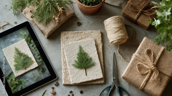 Fototapeta Creative digital cards for Christmas featuring a festive green tree design surrounded by natural materials and rustic decorations
