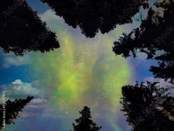 Obraz The sky is filled with stars and a green aurora