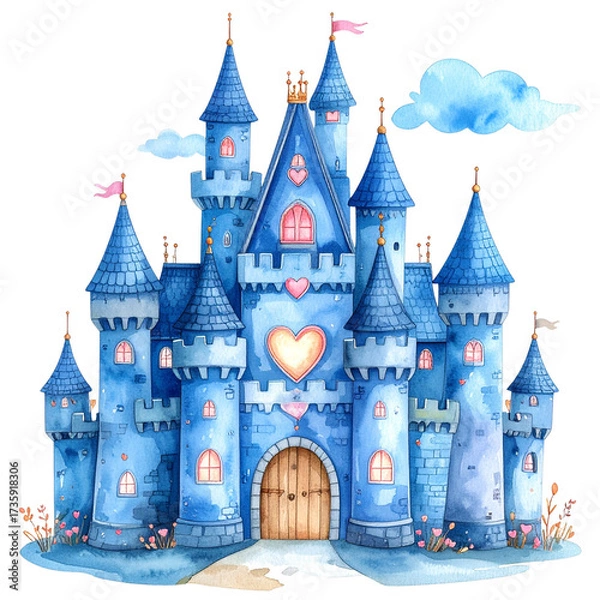 Obraz Watercolor Blue Castle Illustration with Heart Shaped Window on Transparent Background,clipart, cut out, no background ,PNG die-cut for advertising
