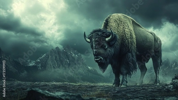 Fototapeta Majestic bison standing proud in a dramatic mountain landscape with moody skies, perfect for nature documentaries, conservation campaigns, or adventurous travel promotions