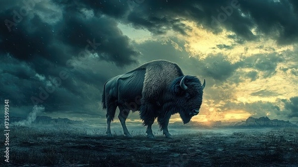 Fototapeta Majestic bison stands powerfully against a dramatic sunset sky, a symbol of resilience and the wild west, perfect for nature documentaries or conservation campaigns