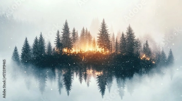 Fototapeta Stunning forest landscape with ethereal light filtering through the trees and reflecting on water, creating a magical and serene atmosphere perfect for nature and wellness brands