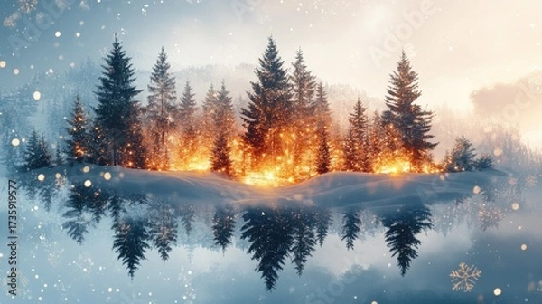 Fototapeta Enchanting winter wonderland with snow-covered fir trees glistening with golden light, reflected in serene waters for peaceful Christmas holiday vibes and magical seasonal greetings
