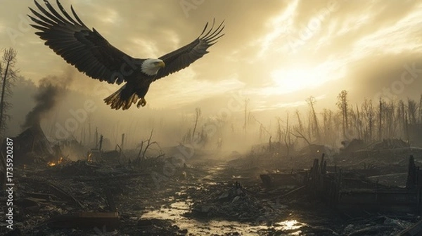 Fototapeta Powerful bald eagle soaring above desolate landscape after devastating wildfire, a symbol of resilience and hope emerging from destruction with a golden glow of sunrise