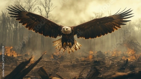 Fototapeta Powerful bald eagle soars above a landscape of fire, a symbol of resilience and strength, perfect for conveying environmental awareness or messages of hope in challenging times