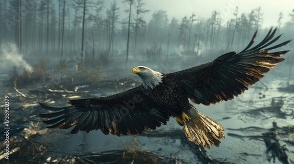 Fototapeta Majestic bald eagle soars over misty wetlands, a powerful symbol of freedom and resilience in a stark environment that inspires awe and represents nature's enduring spirit