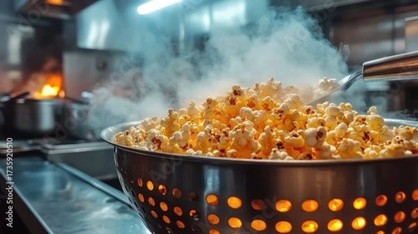 Fototapeta Steaming bowl of freshly popped popcorn ready to enjoy at the movie theater, perfect for a snack advertisement or a cozy night in, creating a feeling of comfort and indulgence