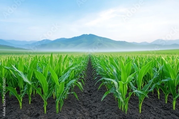 Fototapeta Corn Field in Foggy Landscape with Mystical Illusions and Chaos