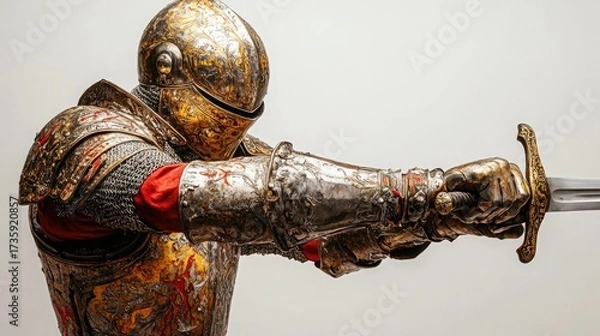 Fototapeta Stunning knight in shining armor holding a gleaming sword ready for battle, showcasing strength and medieval history, ideal for fantasy games and historical documentaries